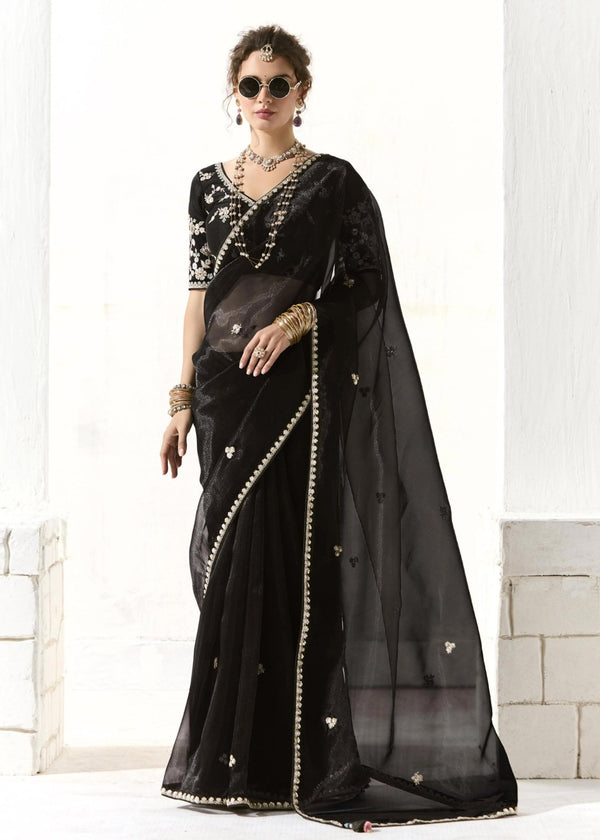 Jet Black Organza Tissue Silk Saree
