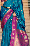 Kanjivaram Silk Saree in Peacock Blue and Contrast Rani Pink Blouse