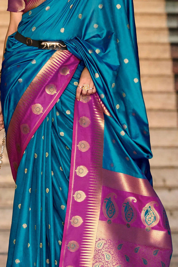Kanjivaram Silk Saree in Peacock Blue and Contrast Rani Pink Blouse