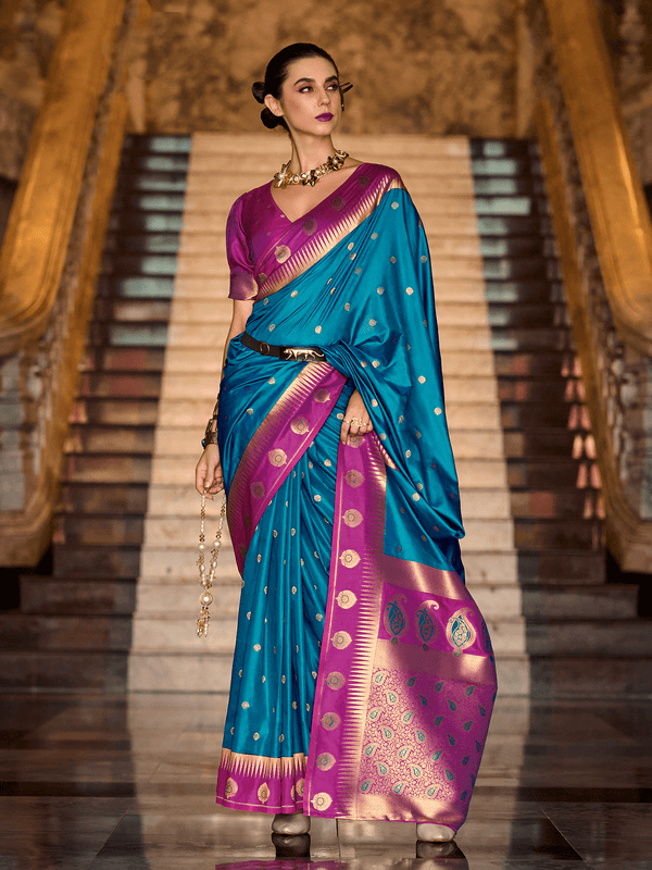 Kanjivaram Silk Saree in Peacock Blue and Contrast Rani Pink Blouse