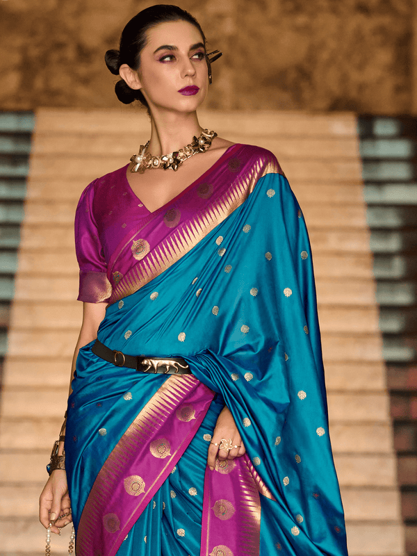Kanjivaram Silk Saree in Peacock Blue and Contrast Rani Pink Blouse