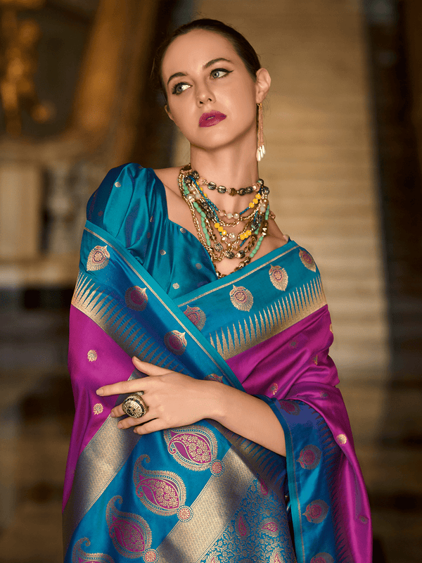Kanjivaram Silk Saree in Purple and Peacock Blue With Zari Buttas