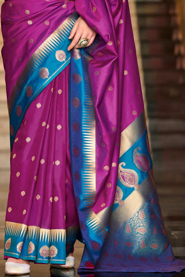 Kanjivaram Silk Saree in Purple and Peacock Blue With Zari Buttas