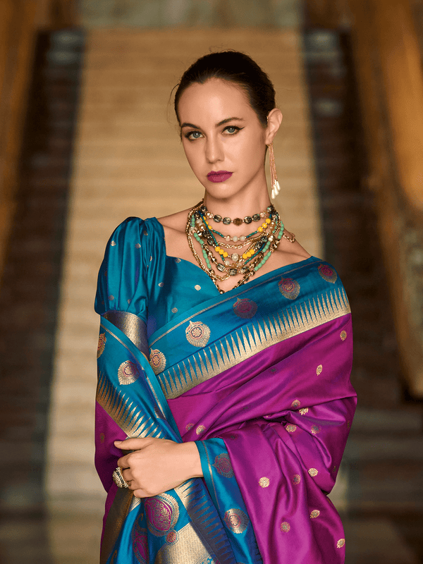 Kanjivaram Silk Saree in Purple and Peacock Blue With Zari Buttas