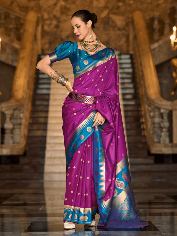 Kanjivaram Silk Saree in Purple and Peacock Blue With Zari Buttas