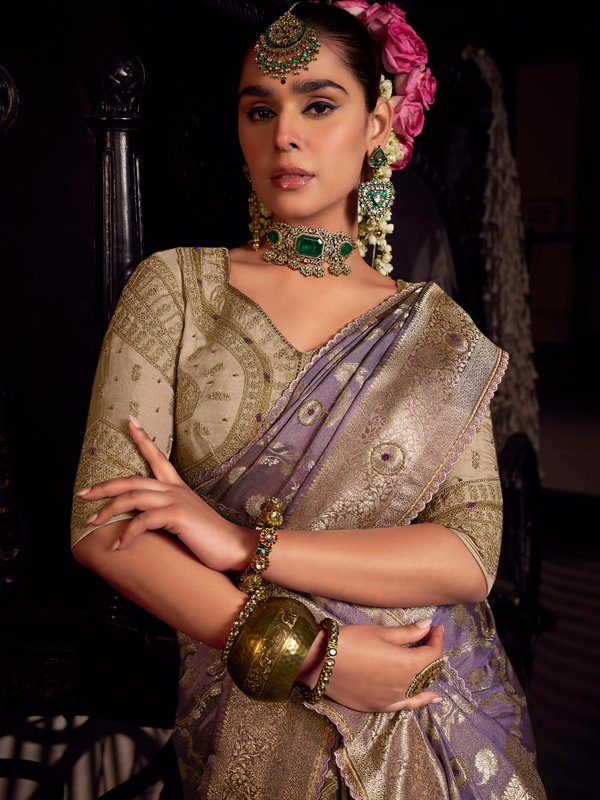 Lavender Banarasi Satin Silk Saree With Contrast Blouse
