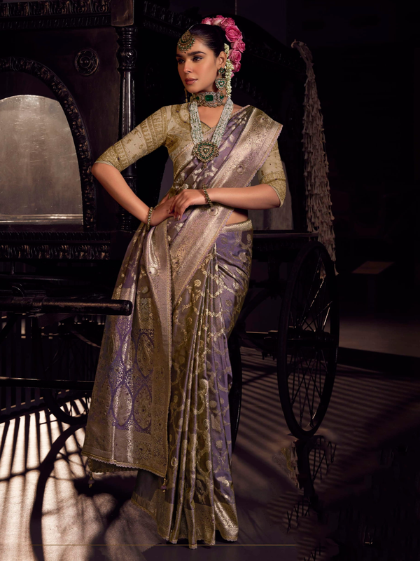 Lavender Banarasi Satin Silk Saree With Contrast Blouse
