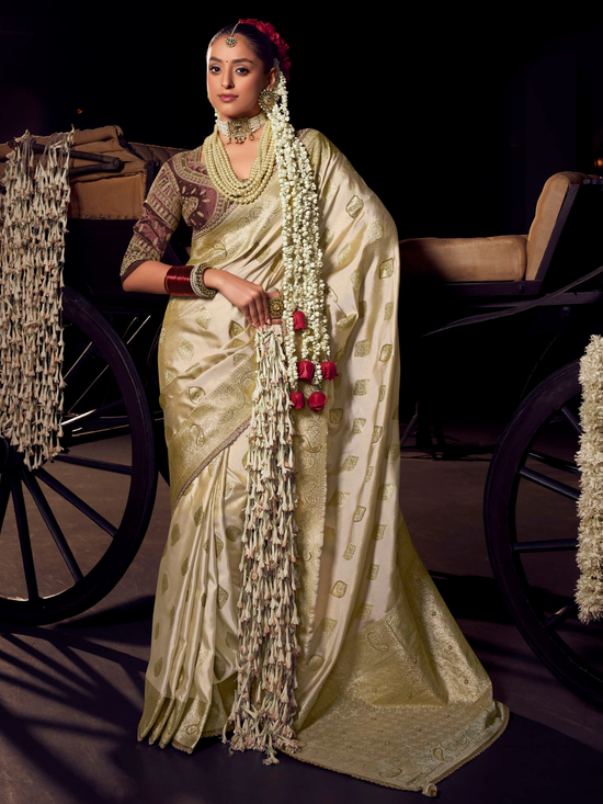 Ivory Cream Banarasi Satin Silk Saree With Contrast Blouse