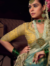 Teal Blue Banarasi Satin Silk Saree With Contrast Blouse