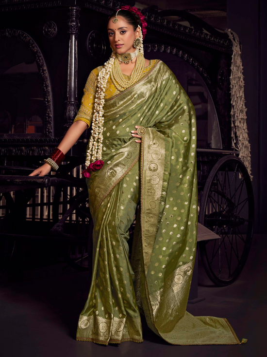 Mehendi Green Banarasi Satin Silk Saree With Contrast Blouse