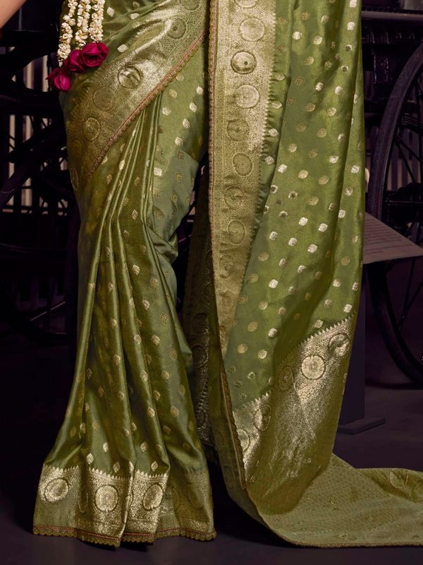 Mehendi Green Banarasi Satin Silk Saree With Contrast Blouse