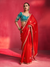 Scarlet Red Embroidered Designer Satin Silk Saree With Contrast Blouse