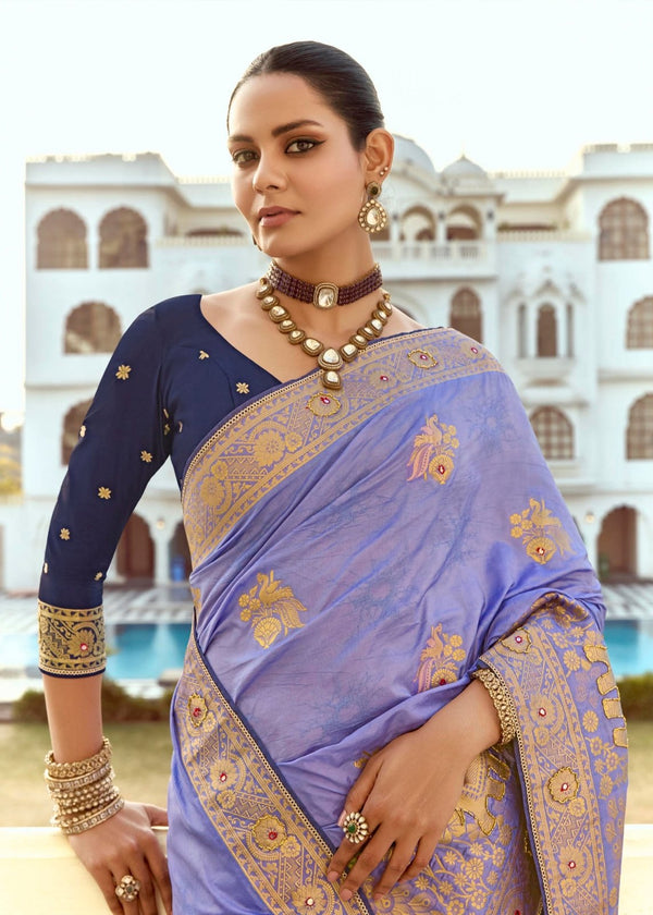 Lavender Blue Banarasi Silk Saree With Contrast Blouse