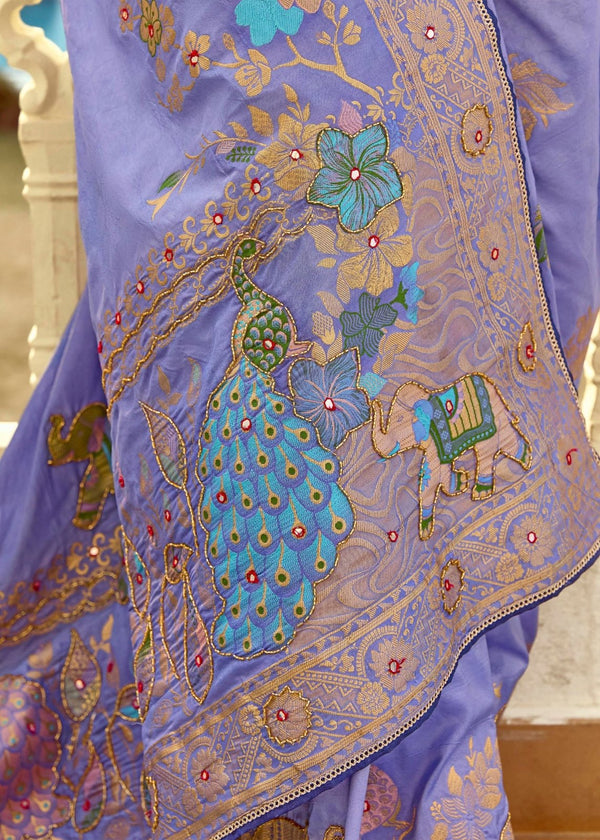 Lavender Blue Banarasi Silk Saree With Contrast Blouse