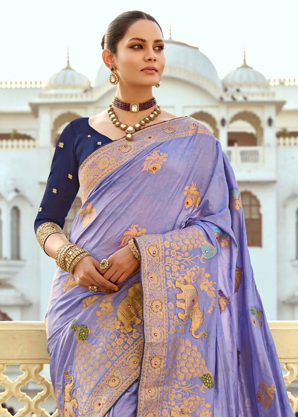 Lavender Blue Banarasi Silk Saree With Contrast Blouse