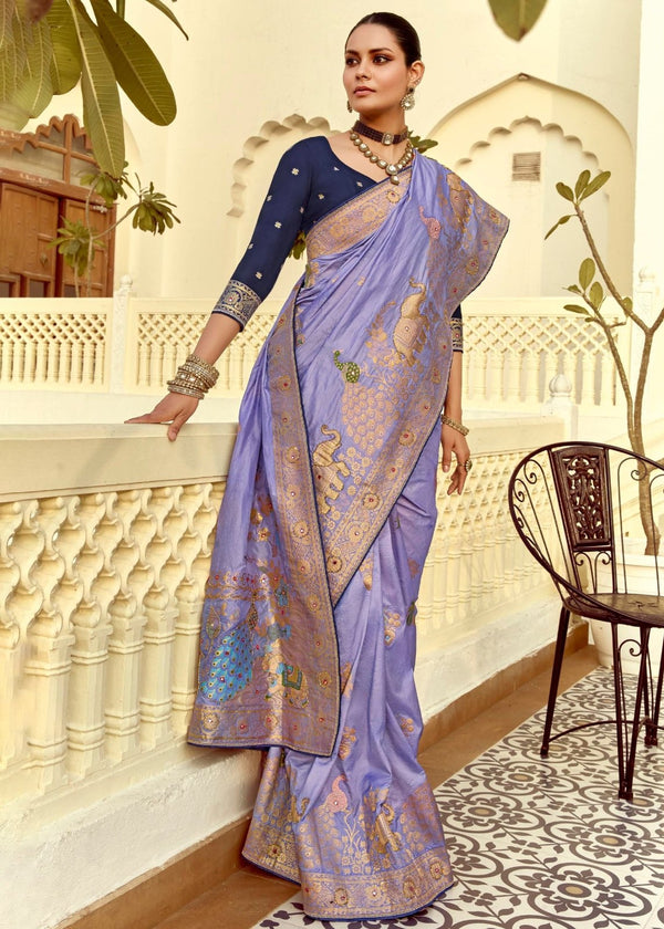 Lavender Blue Banarasi Silk Saree With Contrast Blouse