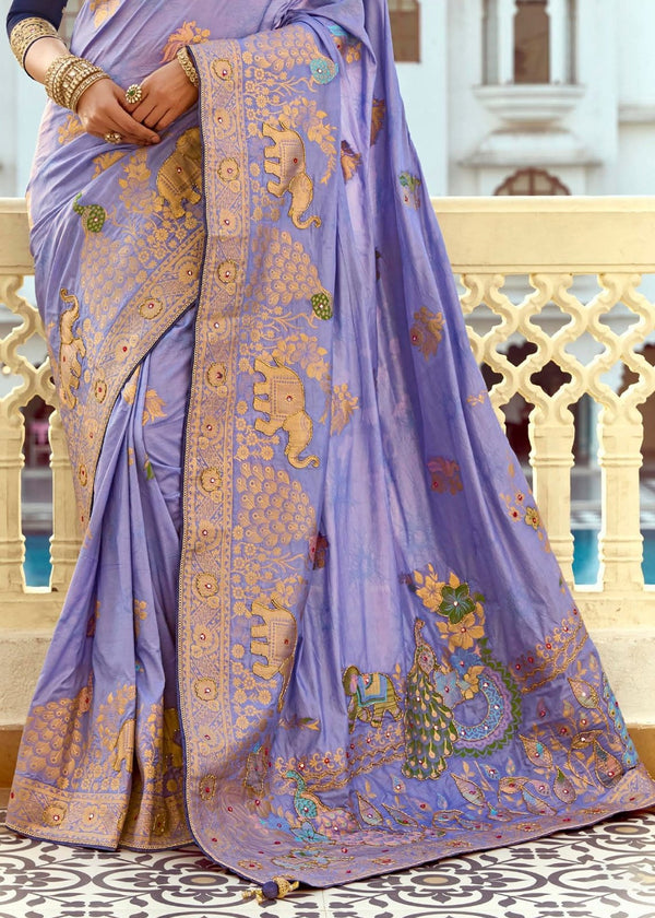 Lavender Blue Banarasi Silk Saree With Contrast Blouse