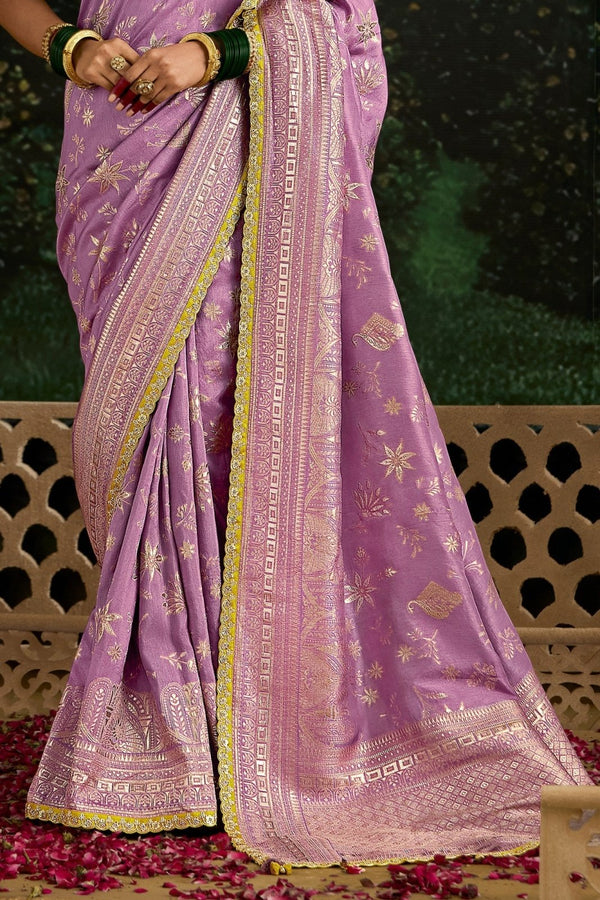 Lavender Designer Banarasi Dola Silk Saree With Golden Zari Work