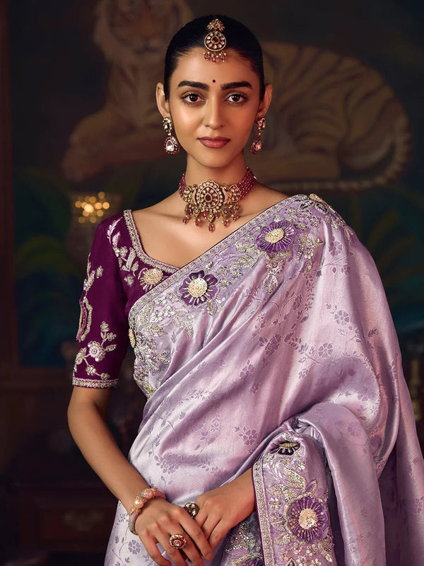 Lavender Designer Tissue Silk Saree with Contrast Blouse