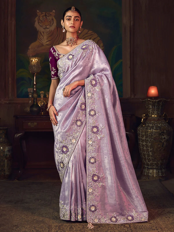 Lavender Designer Tissue Silk Saree with Contrast Blouse