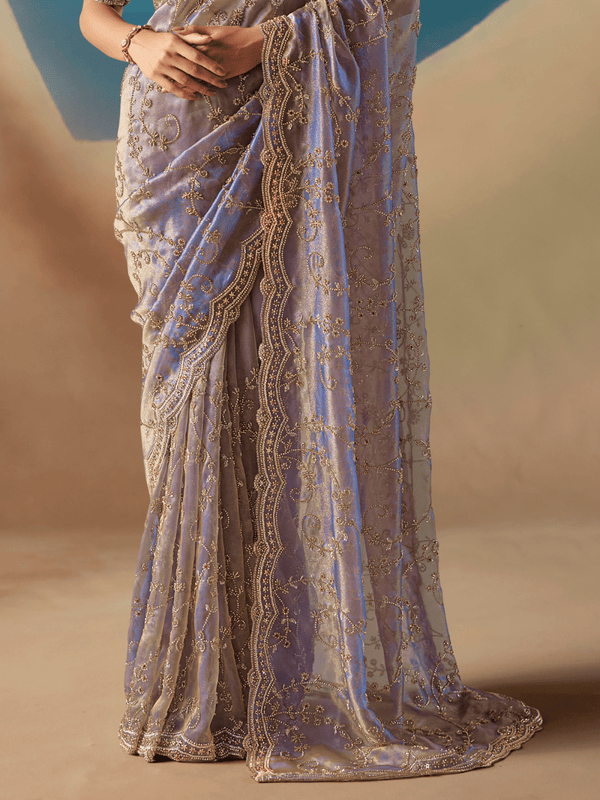 Lavender Embroidered Designer Organza Silk Saree