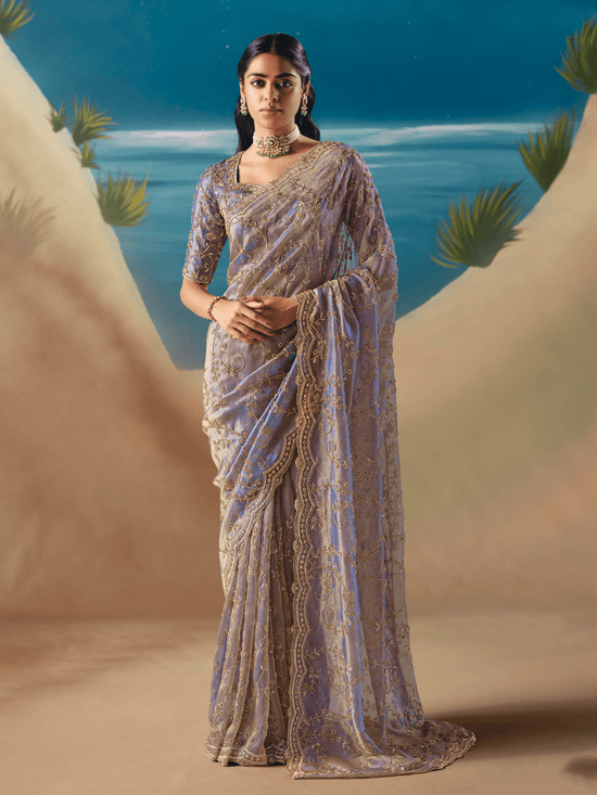 Lavender Embroidered Designer Organza Silk Saree