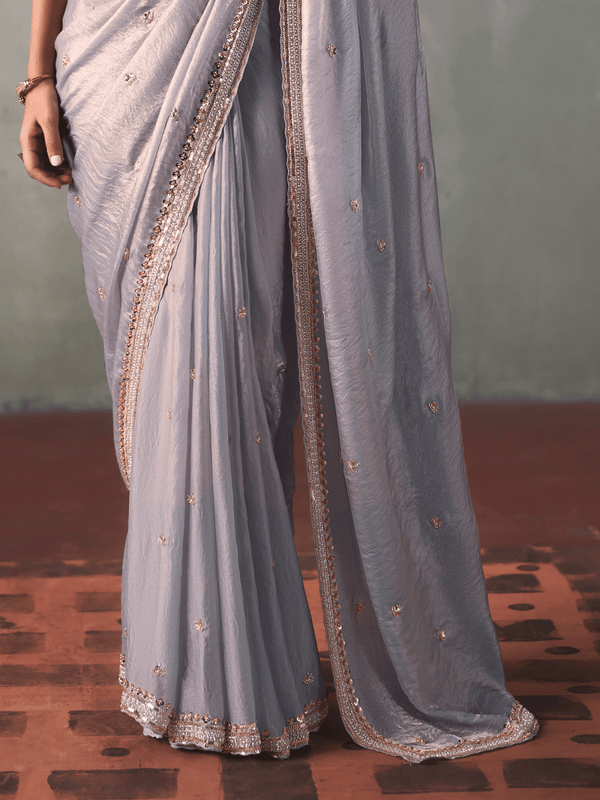 Lavender Grey Designer Tissue Silk Saree With Contrast Blouse