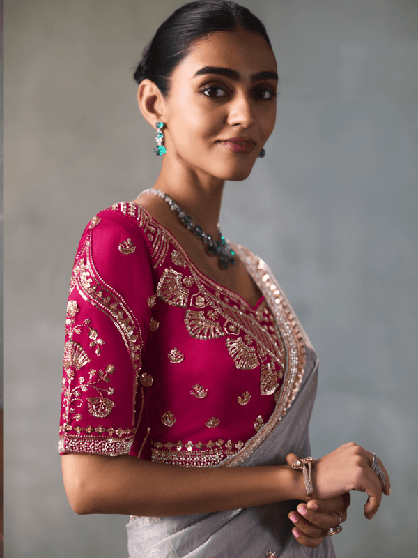 Lavender Grey Designer Tissue Silk Saree With Contrast Blouse