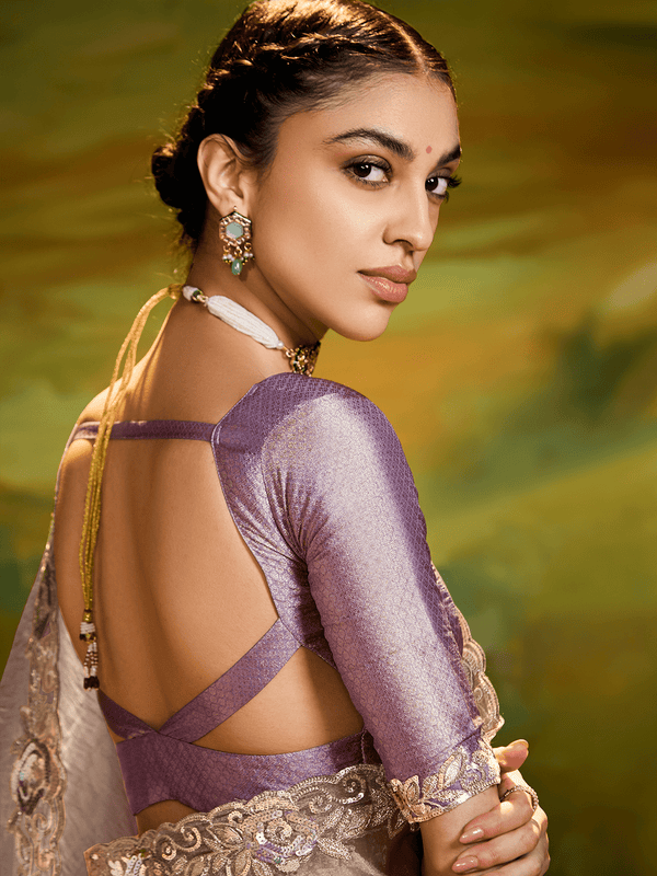 Lavender Grey Tissue Silk Designer Saree