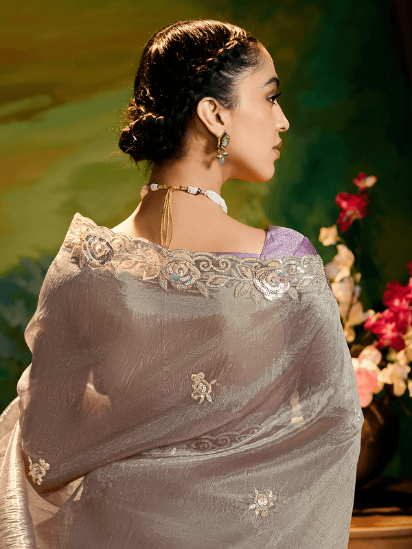 Lavender Grey Tissue Silk Designer Saree