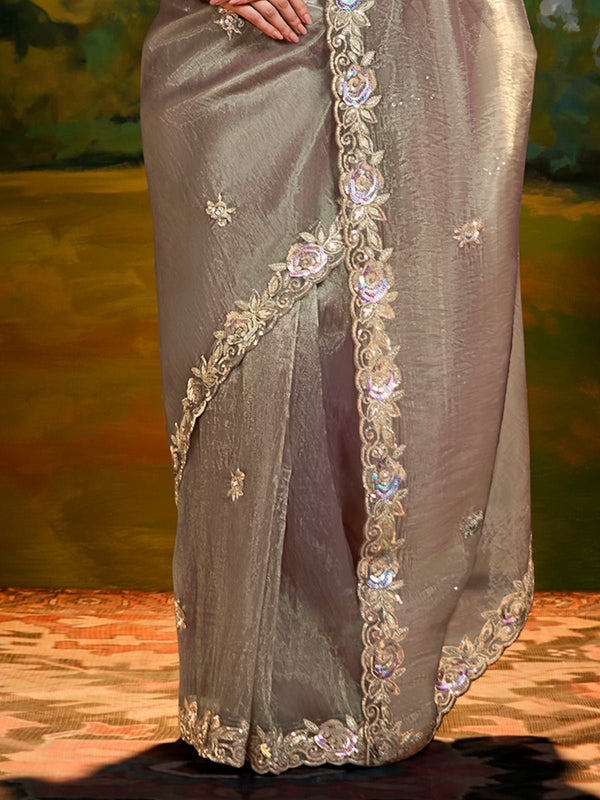 Lavender Grey Tissue Silk Designer Saree