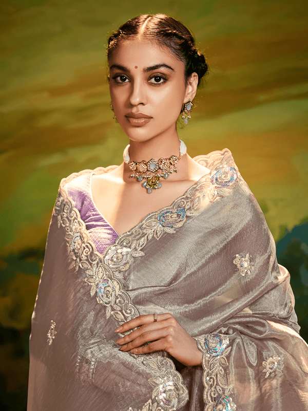 Lavender Grey Tissue Silk Designer Saree