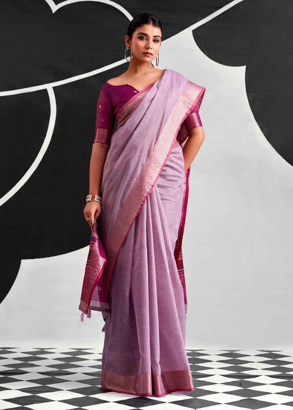 Lilac Purple Woven Designer Linen Cotton Saree