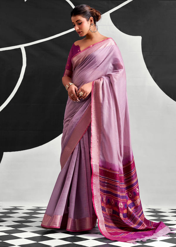 Lilac Purple Woven Designer Linen Cotton Saree