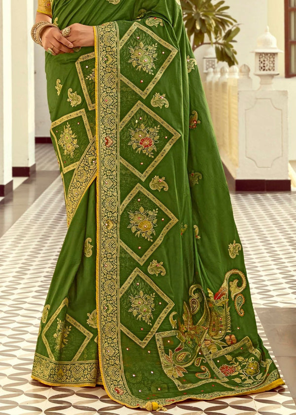 Leaf Green Banarasi Silk Saree With Contrast Blouse
