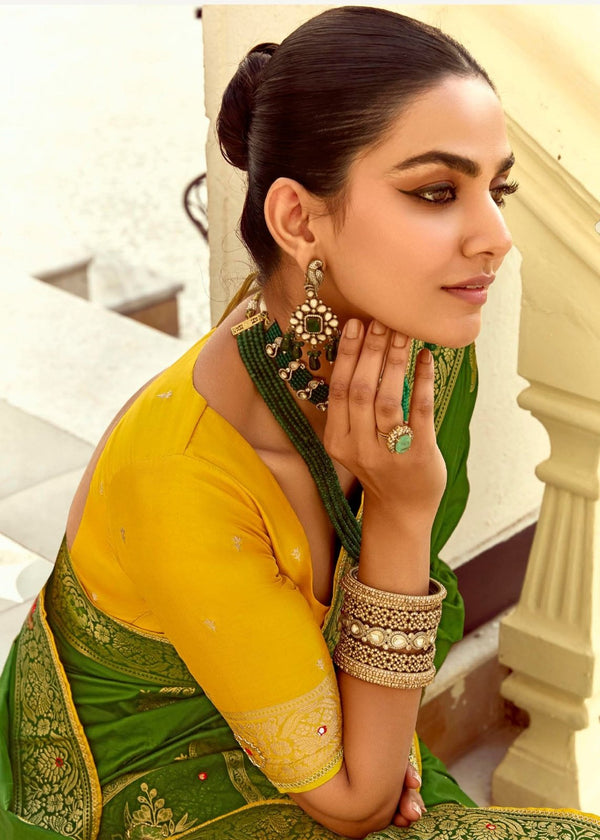 Leaf Green Banarasi Silk Saree With Contrast Blouse