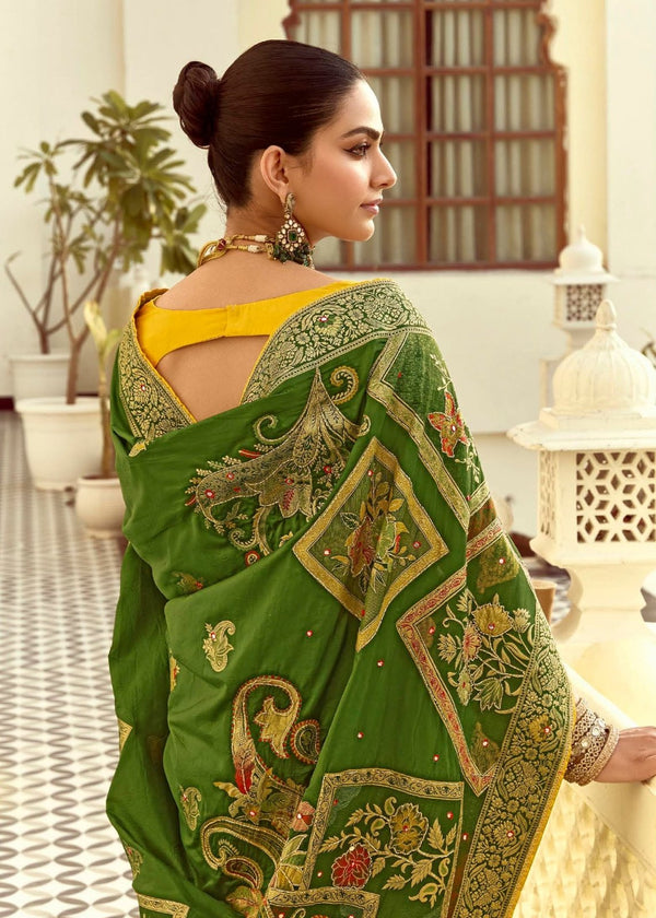 Leaf Green Banarasi Silk Saree With Contrast Blouse