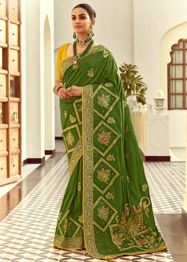 Leaf Green Banarasi Silk Saree With Contrast Blouse