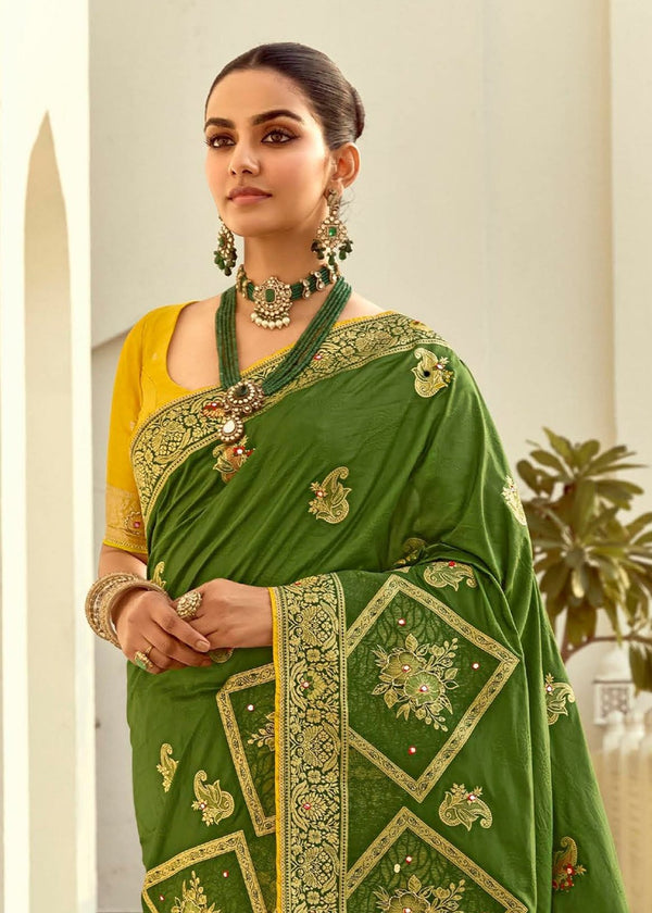 Leaf Green Banarasi Silk Saree With Contrast Blouse