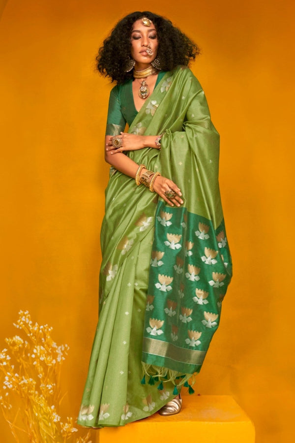 Leaf Green Tussar Silk Saree
