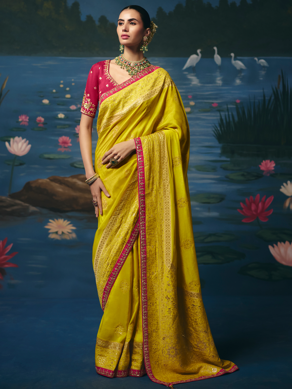 Lemon Yellow Banarasi Dola Silk Saree With Contrast Blouse