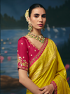 Lemon Yellow Banarasi Dola Silk Saree, contrast blouse close-up