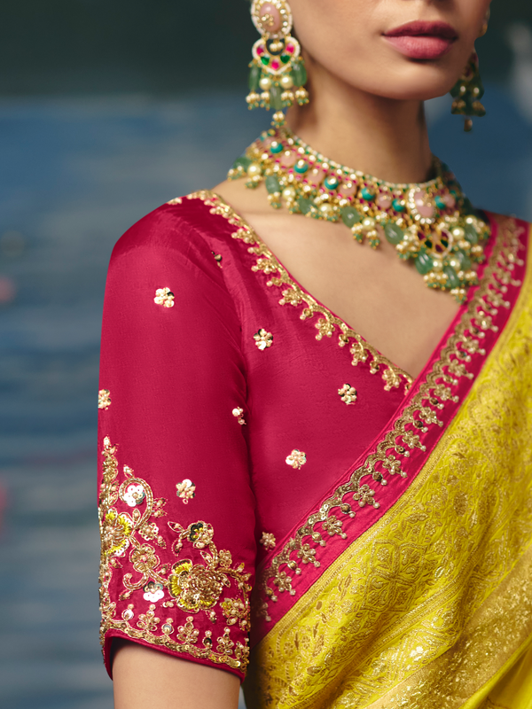 Lemon Yellow Banarasi Dola Silk Saree, contrast blouse close-up
