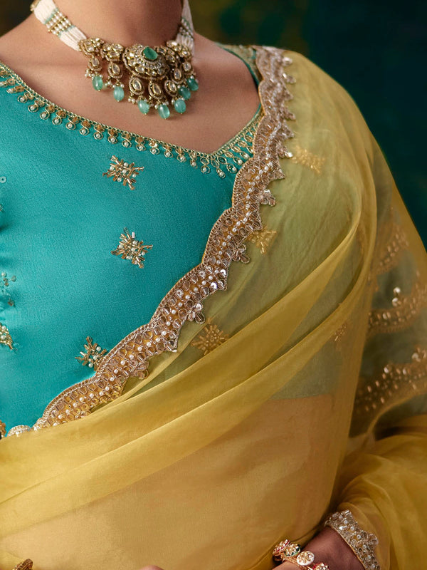 Lemon Yellow Embroidered Designer Organza Silk Saree, contrast blouse close-up