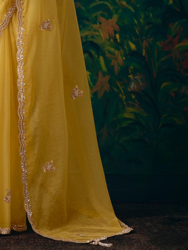 Lemon Yellow Embroidered Designer Organza Silk Saree, pallu detail