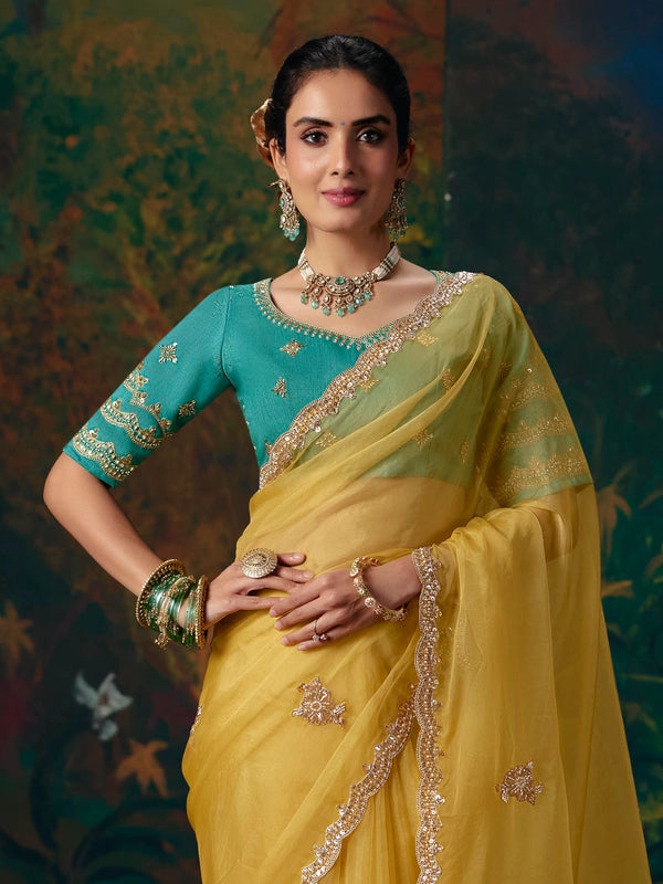 Lemon Yellow Embroidered Designer Organza Silk Saree, pallu and blouse
