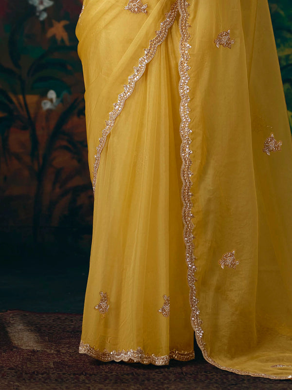 Lemon Yellow Embroidered Designer Organza Silk Saree, border and drape