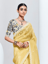 Lemon Yellow Embroidered Designer Tissue Silk Saree With Contrast Blouse