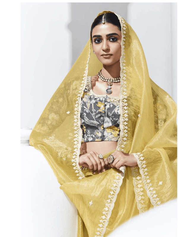 Lemon Yellow Embroidered Designer Tissue Silk Saree With Contrast Blouse