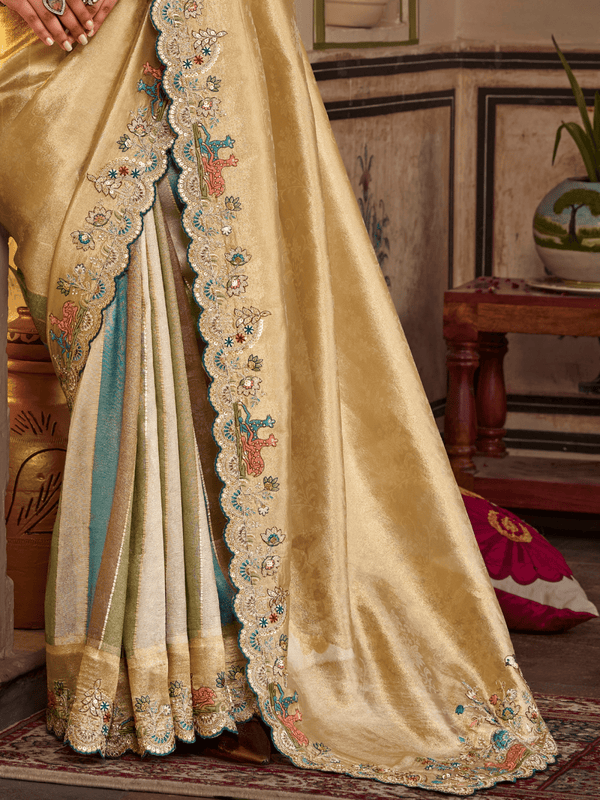Light Gold Embroidered Designer Tissue Silk Saree